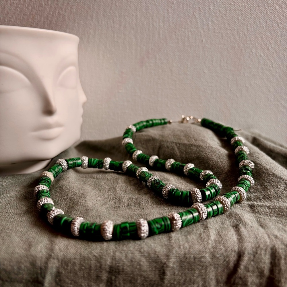Handmade Green Beaded Necklace with Silver Accents